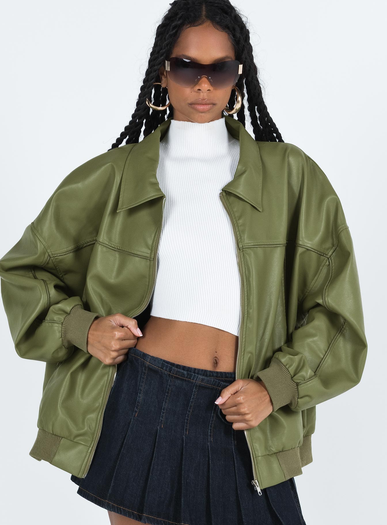 Goldsmith Faux Leather Bomber Jacket Green