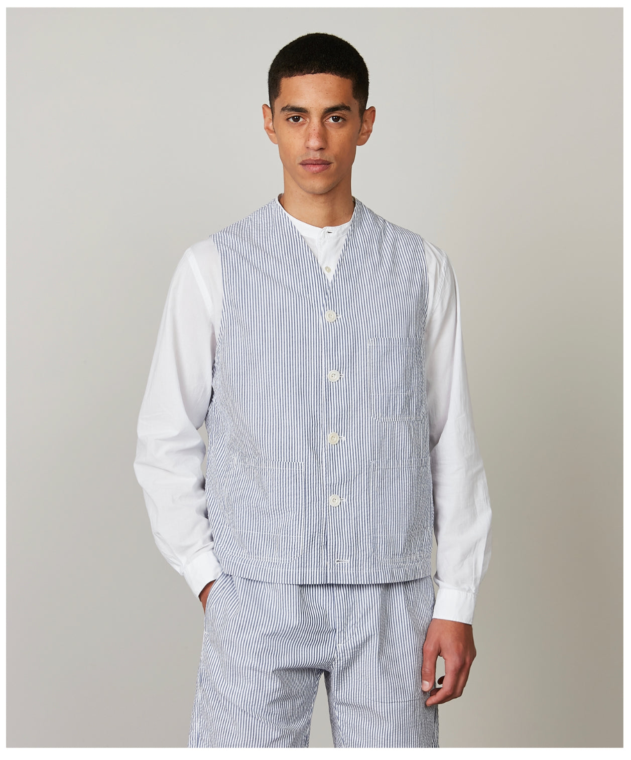 Hartford France Warren Blue & White Hickory Stripe Seersucker Waistcoat