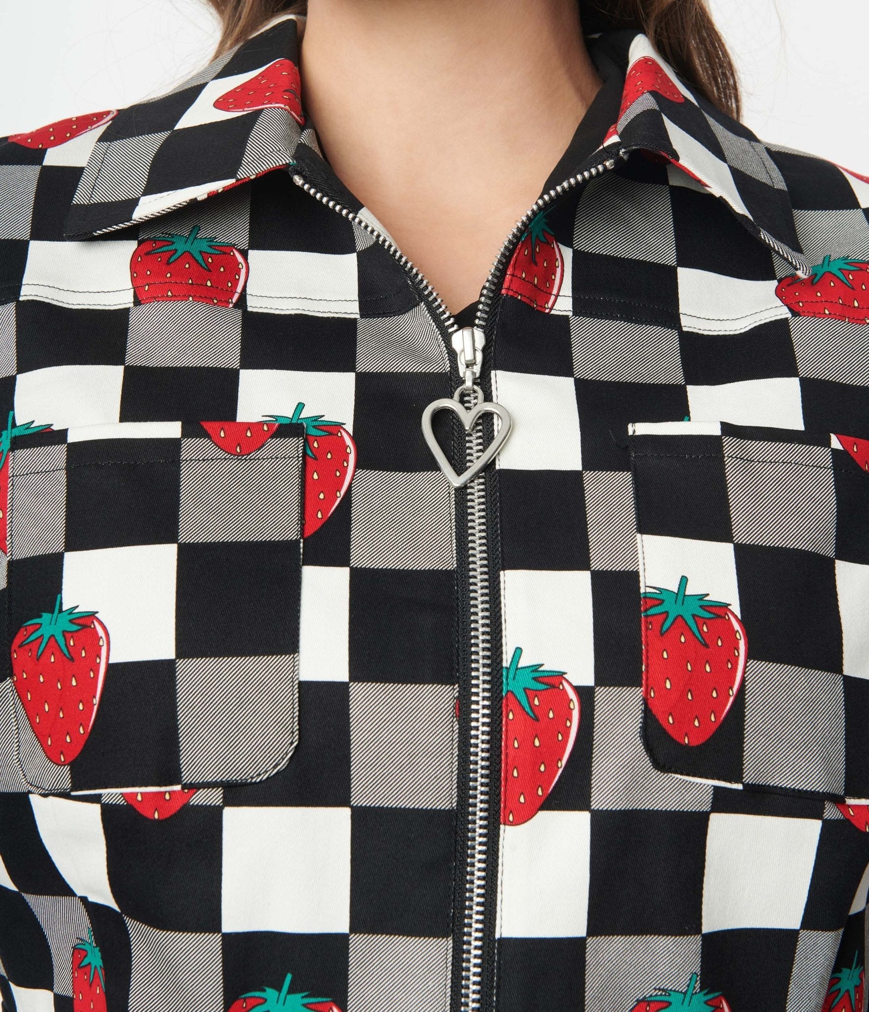 Hell Bunny Black & White Check & Strawberry Denim Jacket