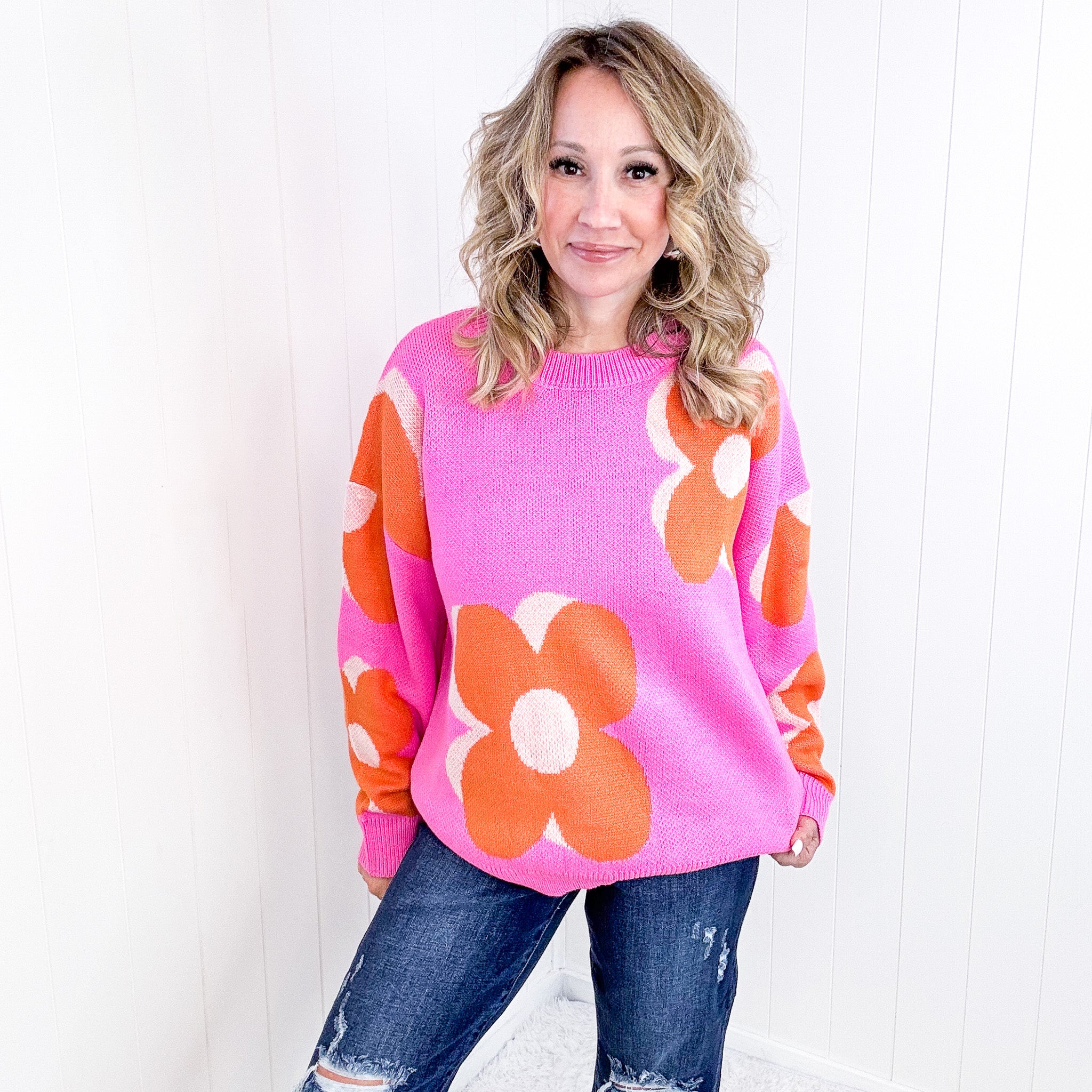 Hot Pink Quietly Bold Mod Orange Floral Sweater