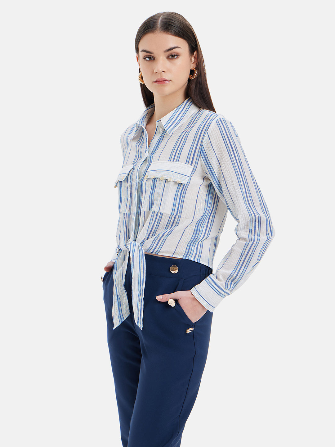 Jada Tie-Knot Cropped Embellished Shirt