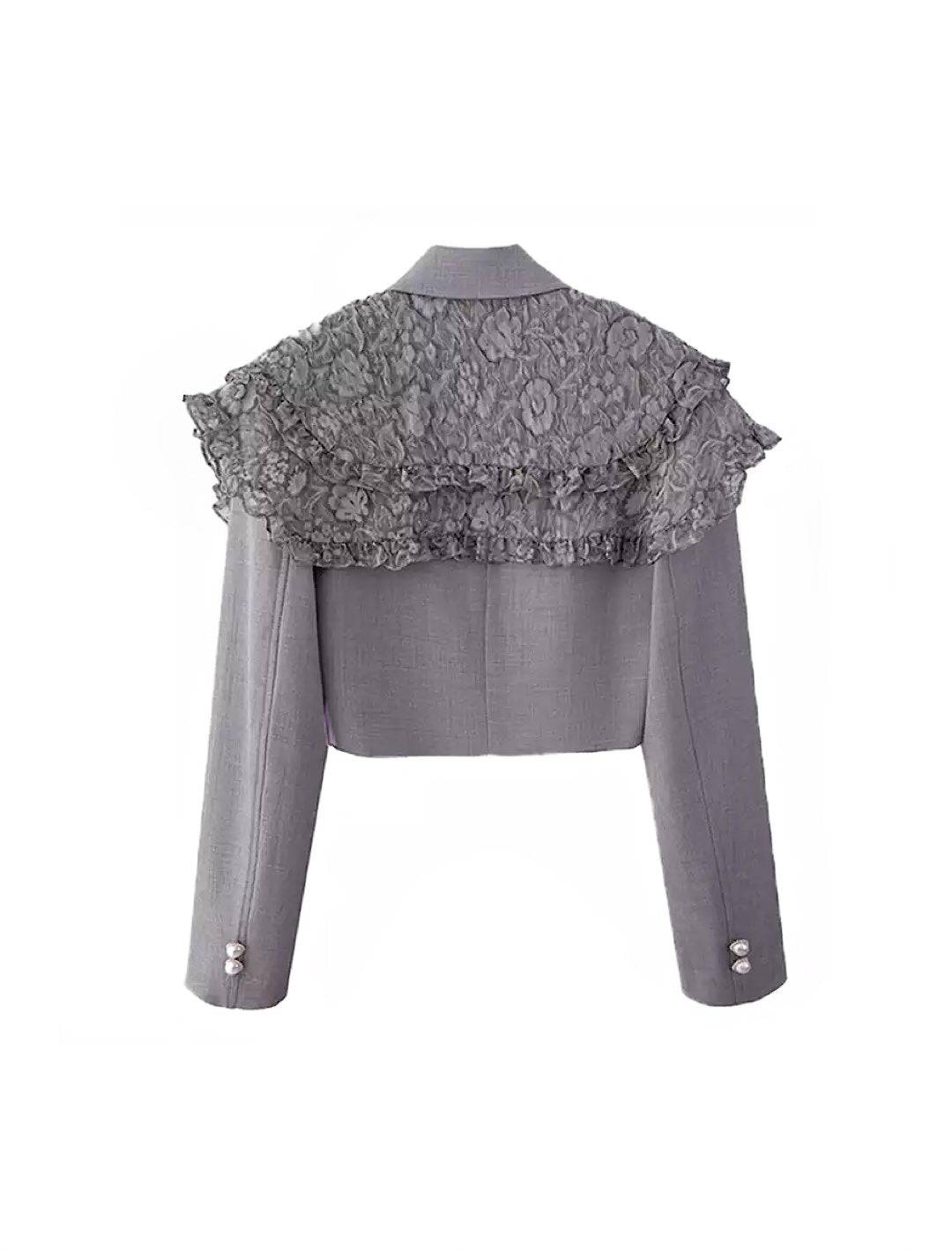 Lace Shoulder Detailed Short Blazer in Gray