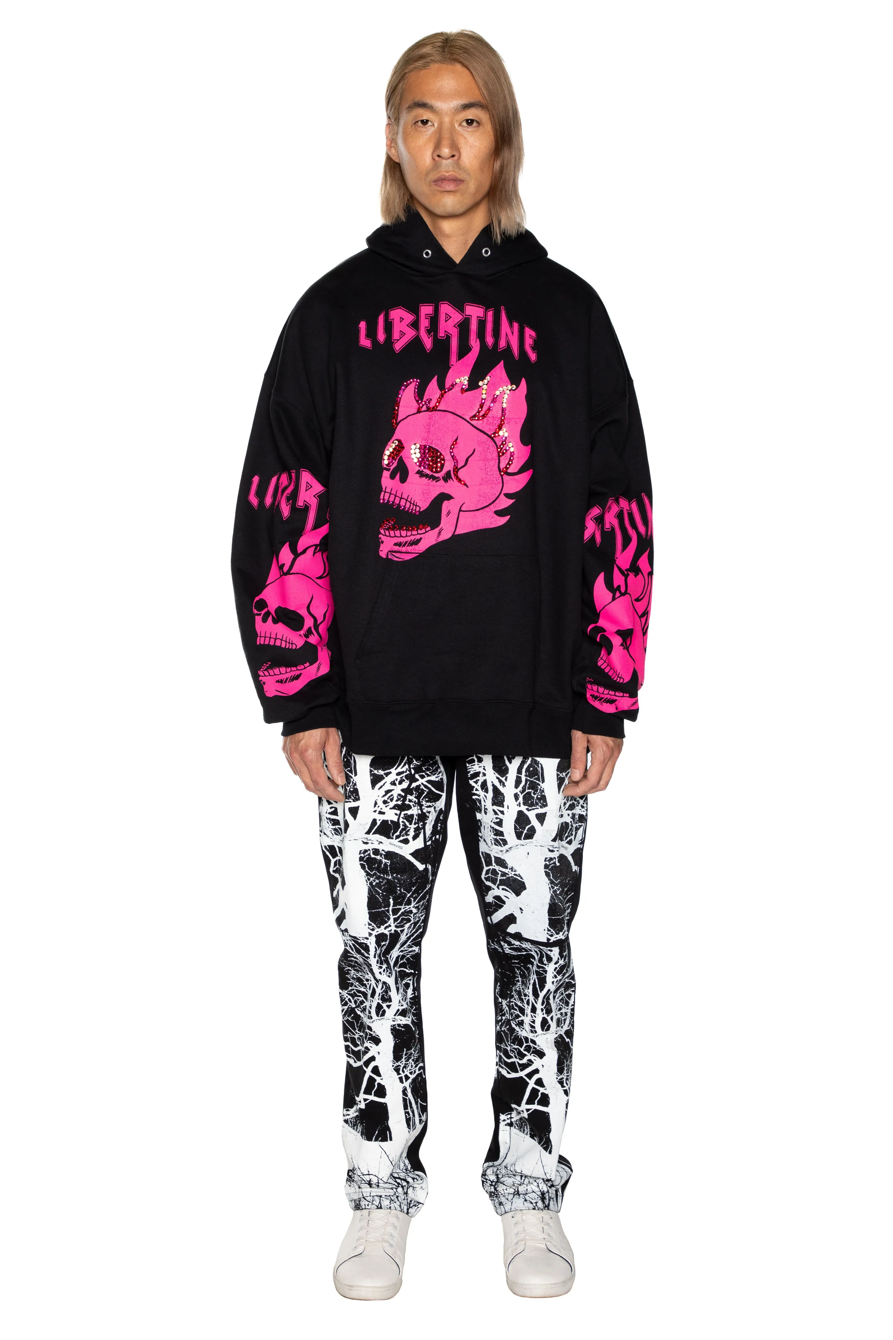 'LIB FLAMING SKULL PINK' HOODIE WITH CRYSTALS