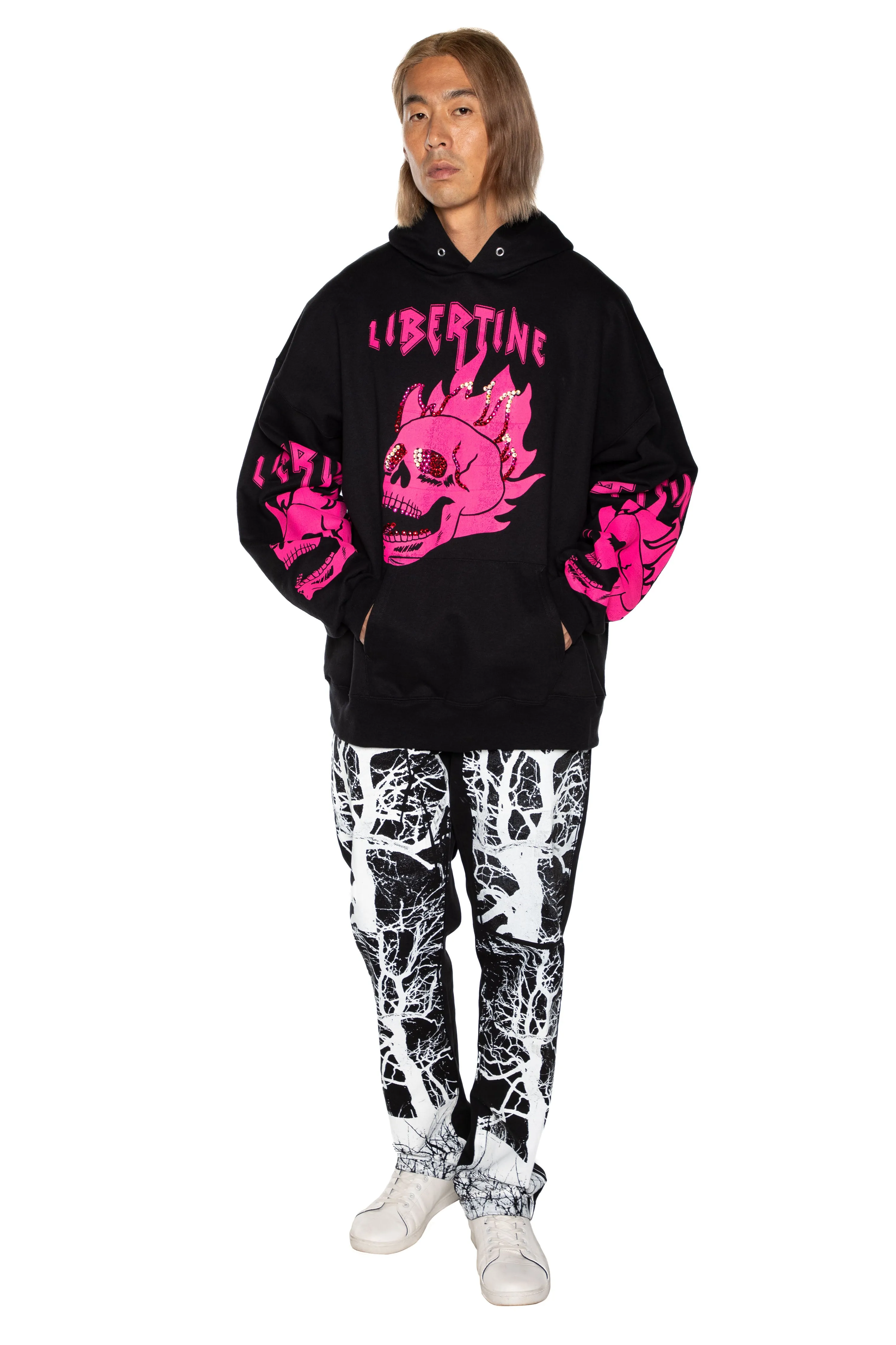 'LIB FLAMING SKULL PINK' HOODIE WITH CRYSTALS