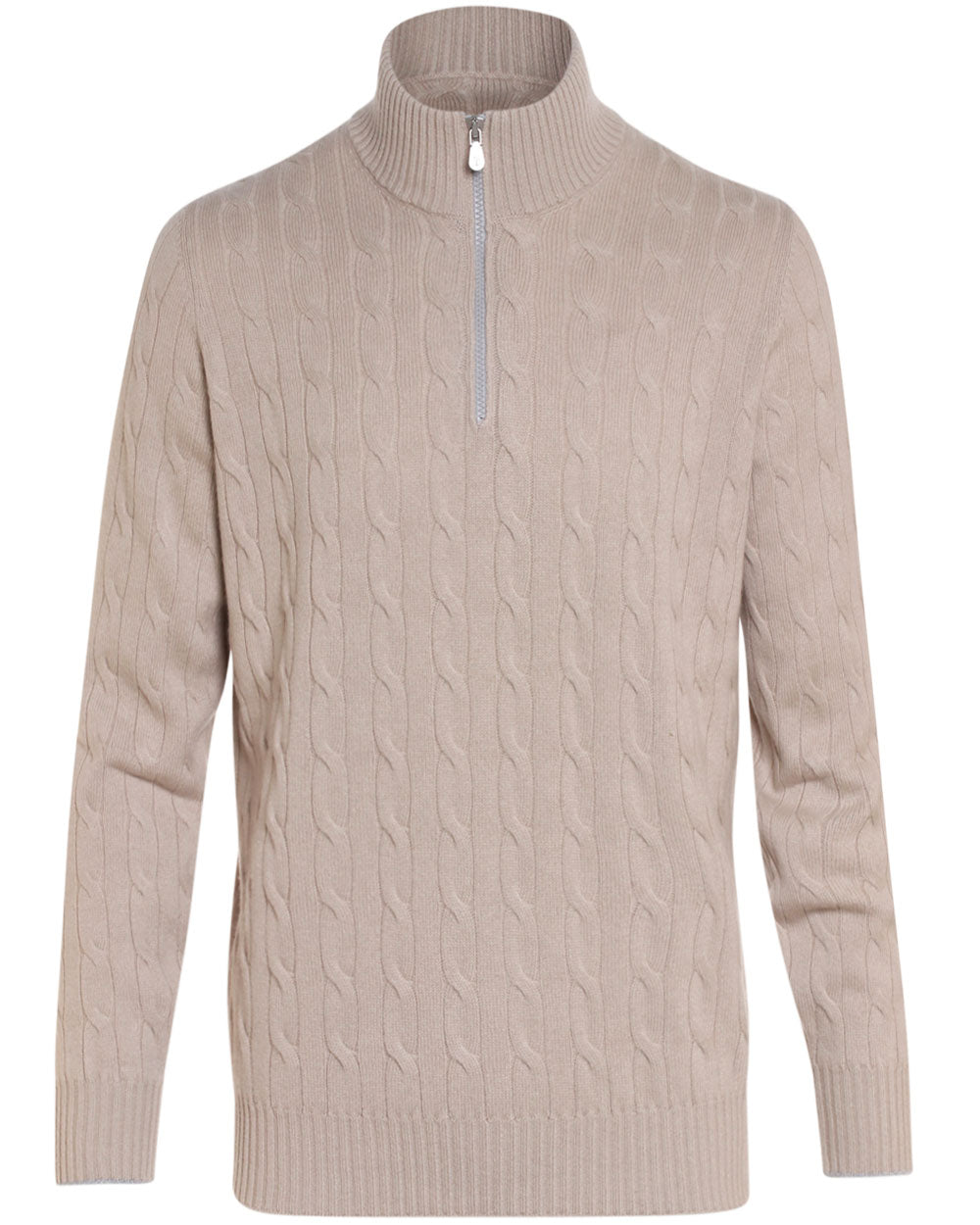 Light Tan Cashmere Cable Knit Quarter Zip Sweater