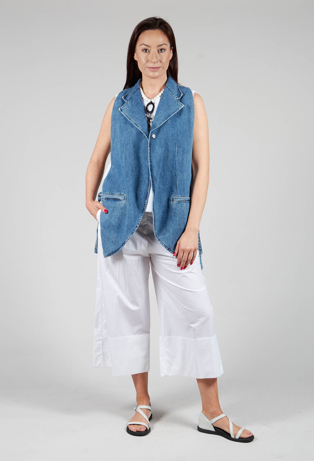 Longline Denim Waistcoat in Celeste