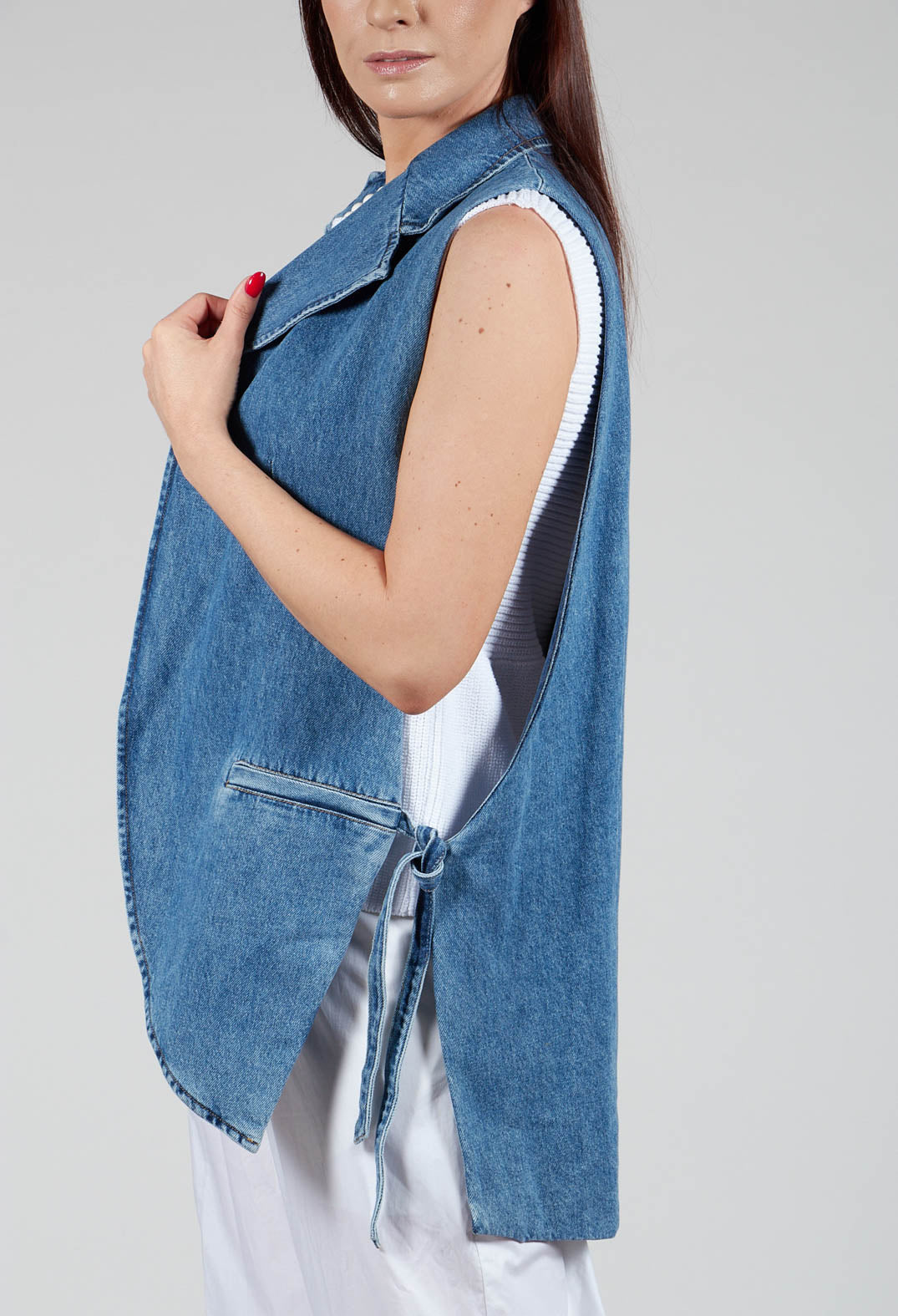 Longline Denim Waistcoat in Celeste