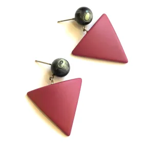 Maroon Black & Ivory Marble Statement Triangle Drop Earrings