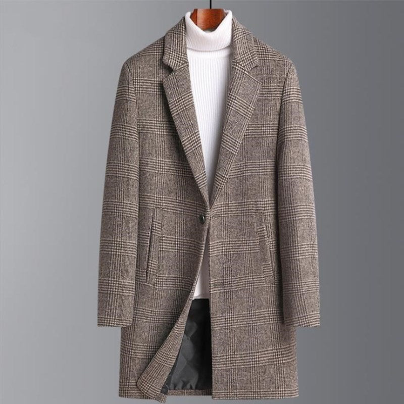 Men's Casual Plaid Pattern Woolen Winter Thickened Windbreaker Coat