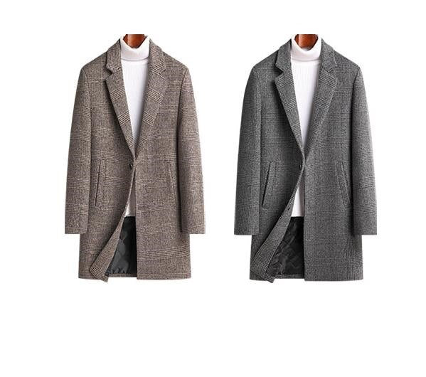 Men's Casual Plaid Pattern Woolen Winter Thickened Windbreaker Coat