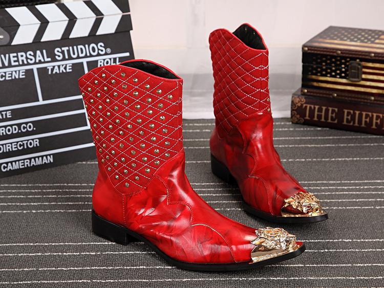 Men's Fashion Leather Pointed Iron Toe Rivet Mid-Calf Motorcycle Boots