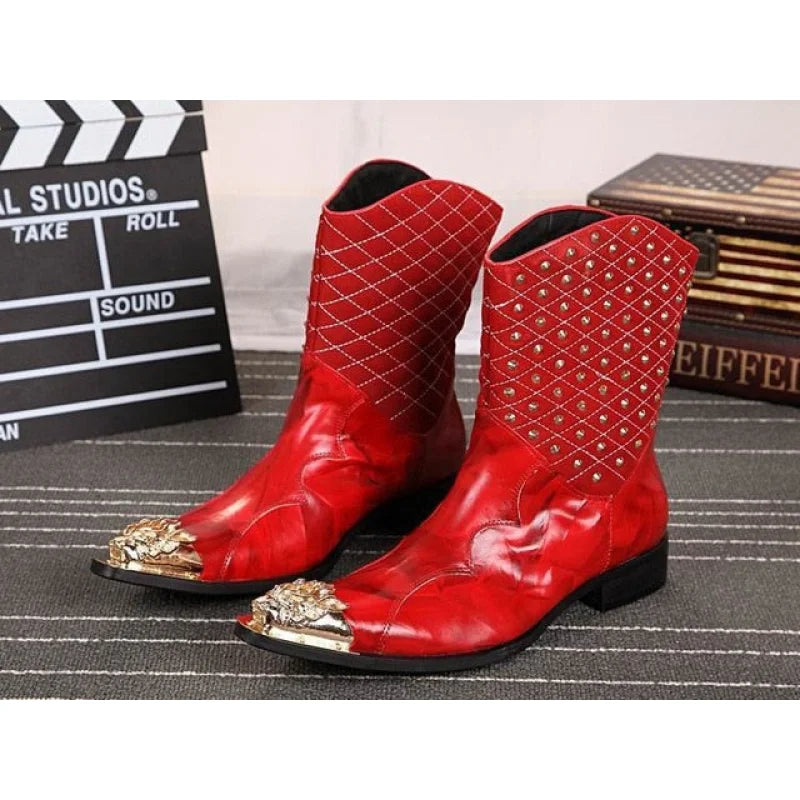 Men's Fashion Leather Pointed Iron Toe Rivet Mid-Calf Motorcycle Boots