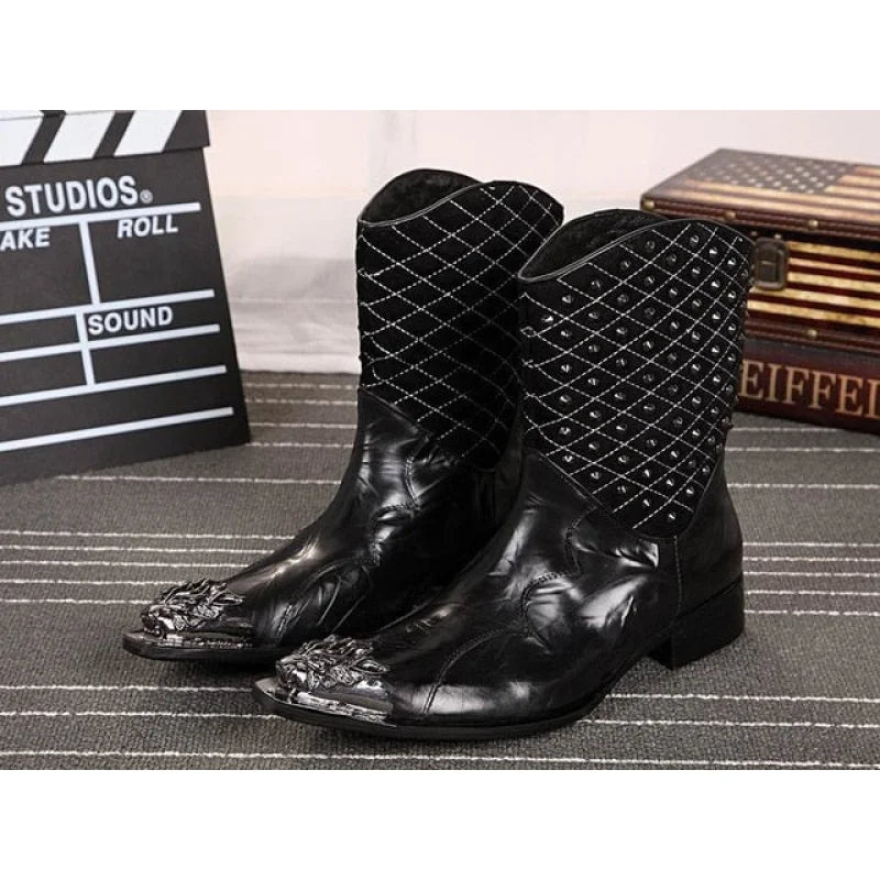 Men's Fashion Leather Pointed Iron Toe Rivet Mid-Calf Motorcycle Boots