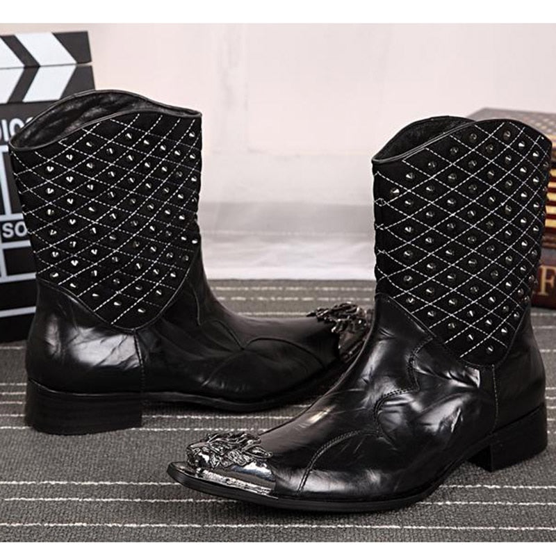 Men's Fashion Leather Pointed Iron Toe Rivet Mid-Calf Motorcycle Boots