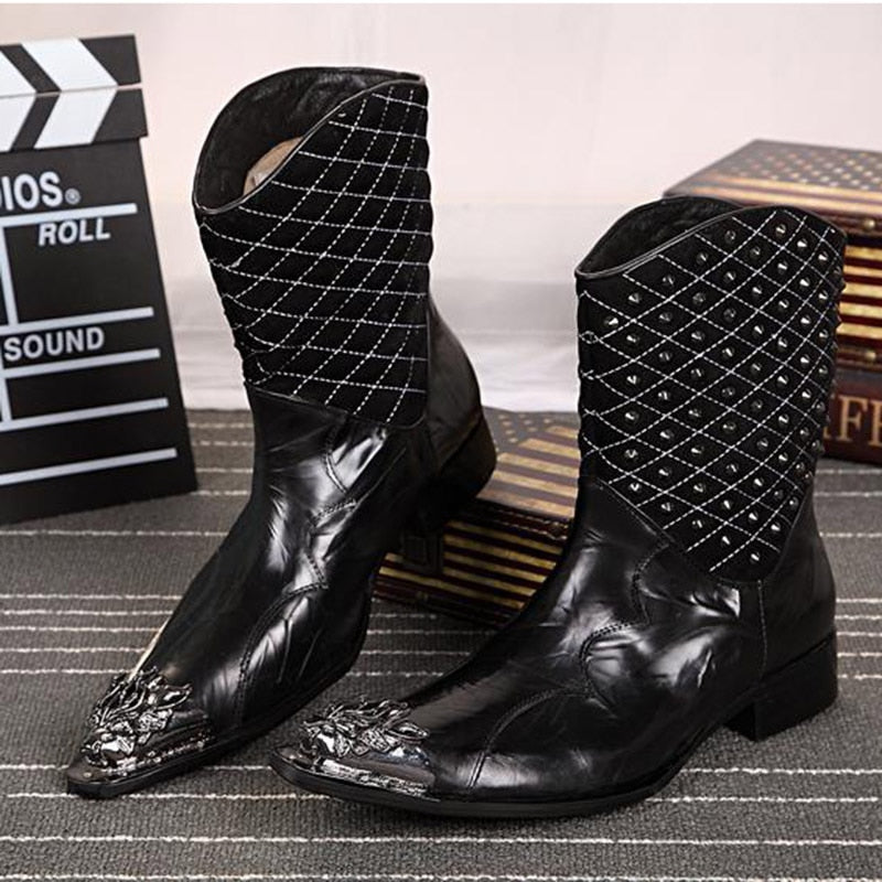 Men's Fashion Leather Pointed Iron Toe Rivet Mid-Calf Motorcycle Boots