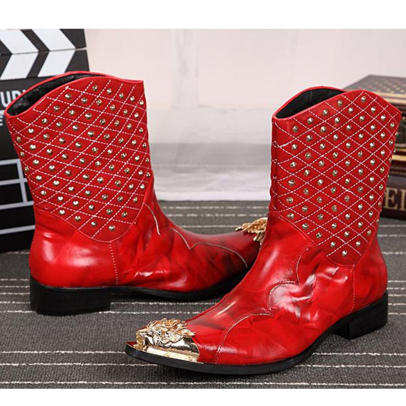 Men's Fashion Leather Pointed Iron Toe Rivet Mid-Calf Motorcycle Boots