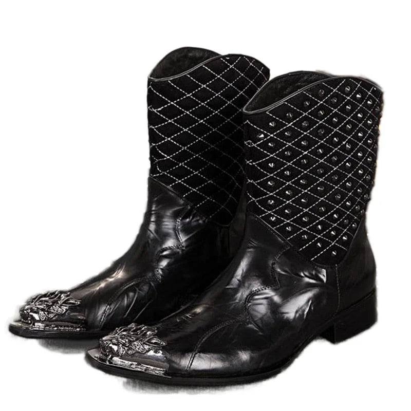 Men's Fashion Leather Pointed Iron Toe Rivet Mid-Calf Motorcycle Boots