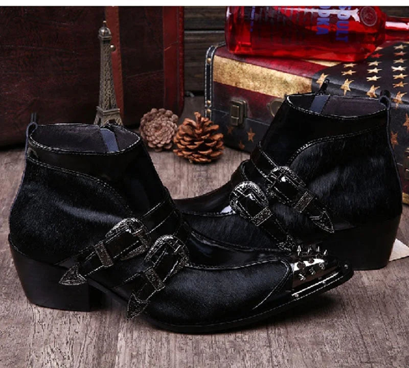 Men's Italian Style Iron Pointed Toe Western Zipper Closure Ankle Boots