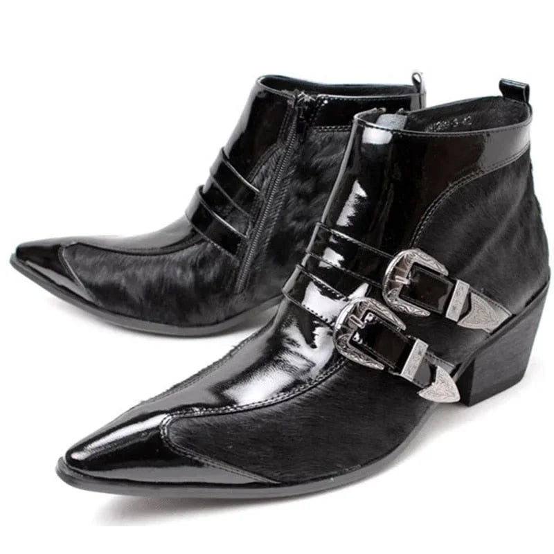 Men's Italian Style Iron Pointed Toe Western Zipper Closure Ankle Boots