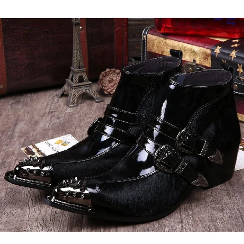 Men's Italian Style Iron Pointed Toe Western Zipper Closure Ankle Boots