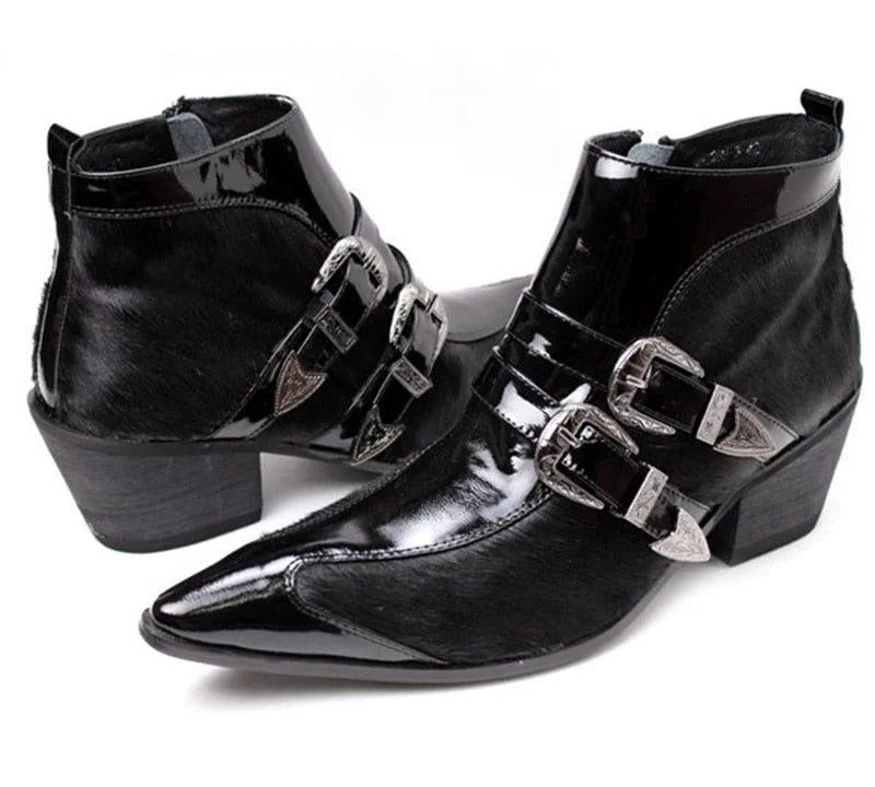 Men's Italian Style Iron Pointed Toe Western Zipper Closure Ankle Boots