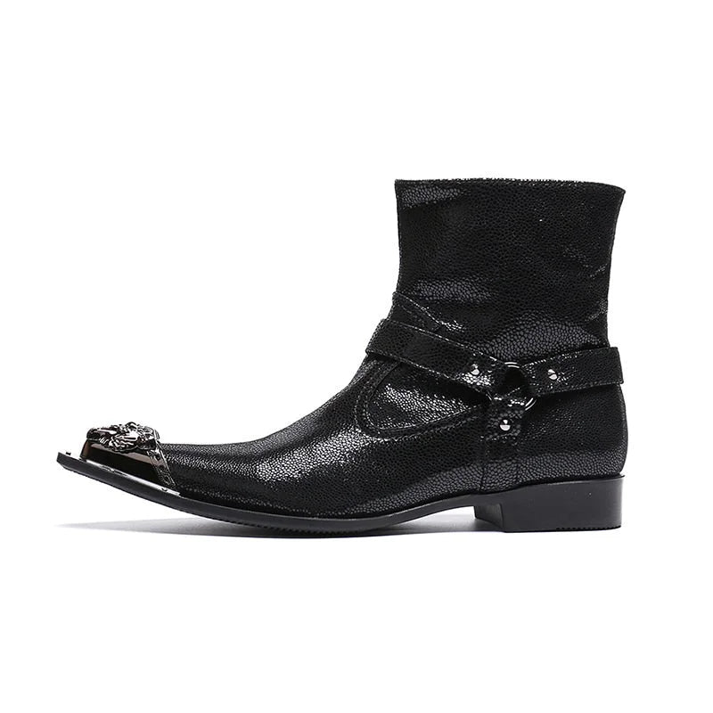 Men's Luxury Italian Black Iron Toe Cowboy Motorcycle Strap Ankle Boots