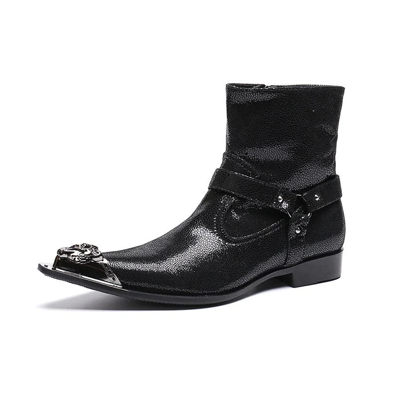 Men's Luxury Italian Black Iron Toe Cowboy Motorcycle Strap Ankle Boots