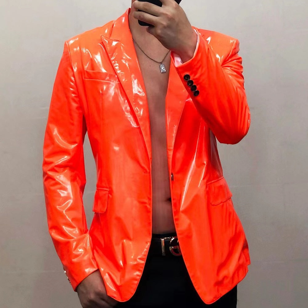 Men's Orange Casual Skinny Soft Lacquer Bright Leather Blazer