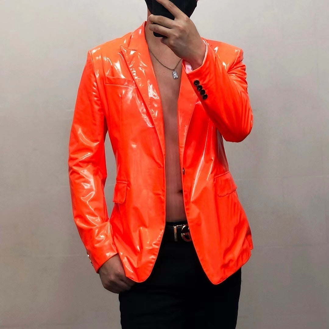 Men's Orange Casual Skinny Soft Lacquer Bright Leather Blazer