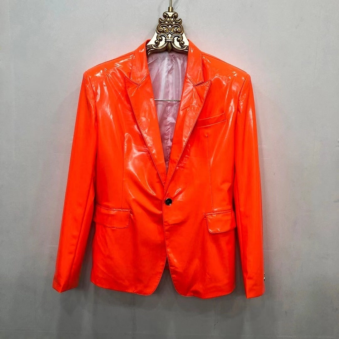 Men's Orange Casual Skinny Soft Lacquer Bright Leather Blazer