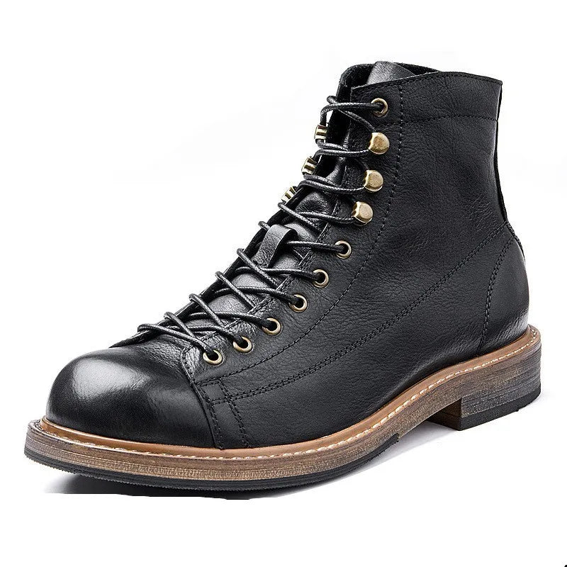 Men's Vintage England Genuine Leather Black Lace Up Biker Ankle Boots on Clearance