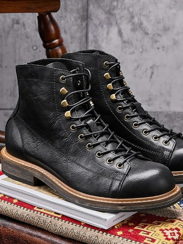 Men's Vintage England Genuine Leather Black Lace Up Biker Ankle Boots on Clearance