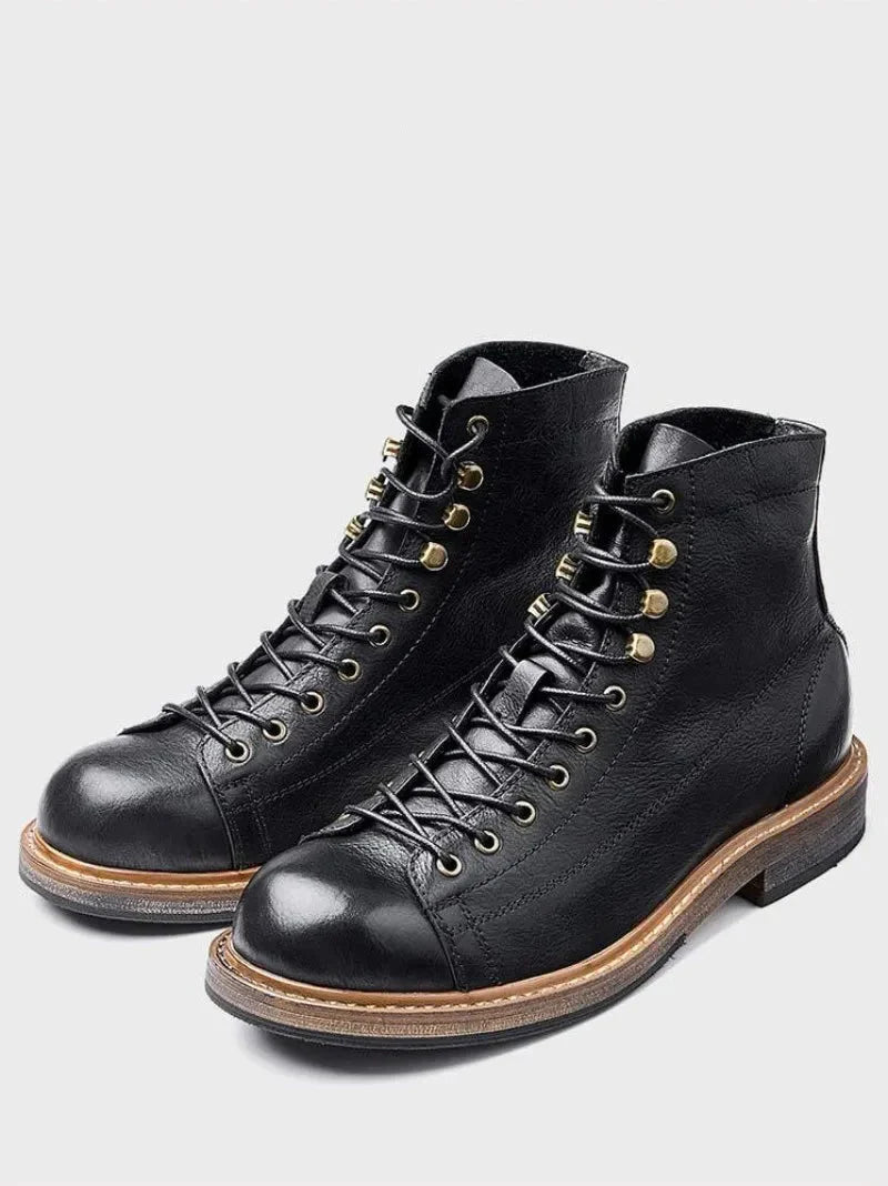 Men's Vintage England Genuine Leather Black Lace Up Biker Ankle Boots on Clearance