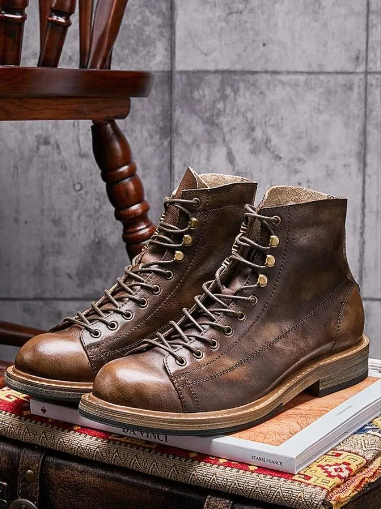 Men's Vintage England Genuine Leather Lace Up Biker Ankle Boots