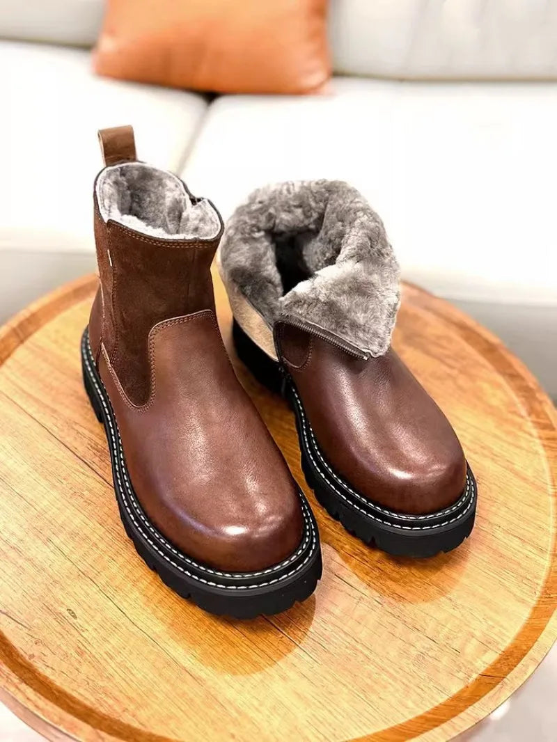 Men's Winter Genuine Leather Round Toe Warm Snowy Non-slip Zipper Boots