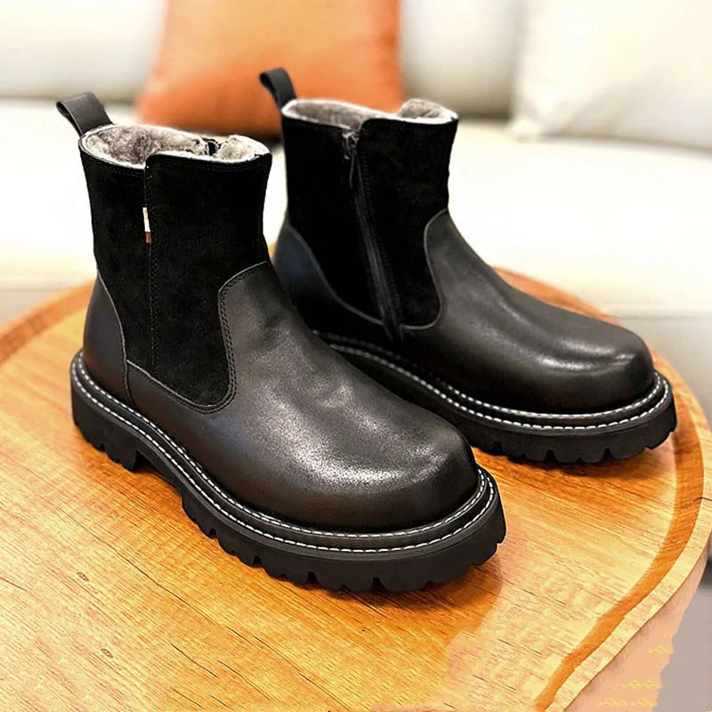 Men's Winter Genuine Leather Round Toe Warm Snowy Non-slip Zipper Boots