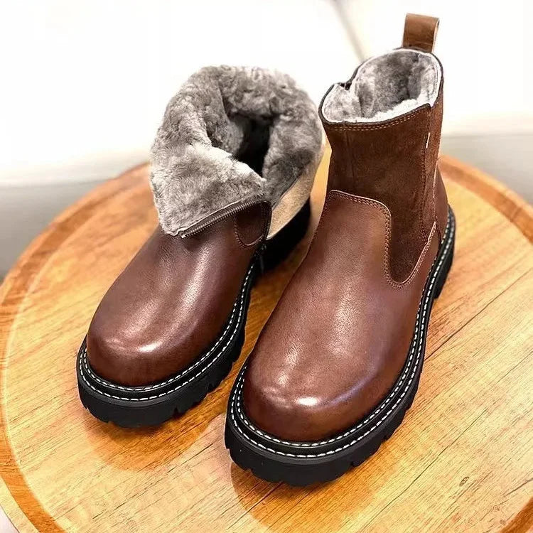 Men's Winter Genuine Leather Round Toe Warm Snowy Non-slip Zipper Boots