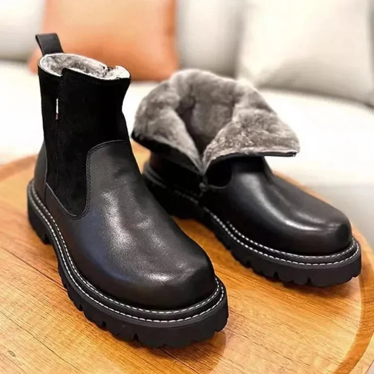 Men's Winter Genuine Leather Round Toe Warm Snowy Non-slip Zipper Boots