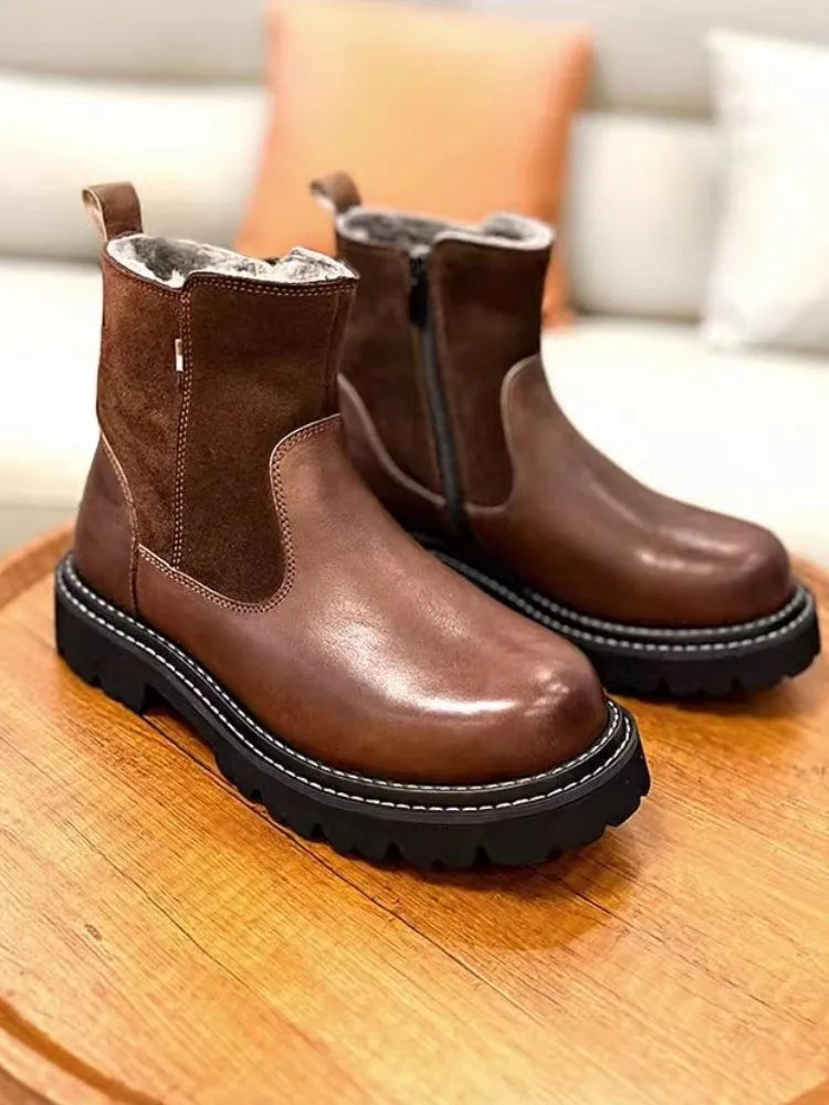 Men's Winter Genuine Leather Round Toe Warm Snowy Non-slip Zipper Boots