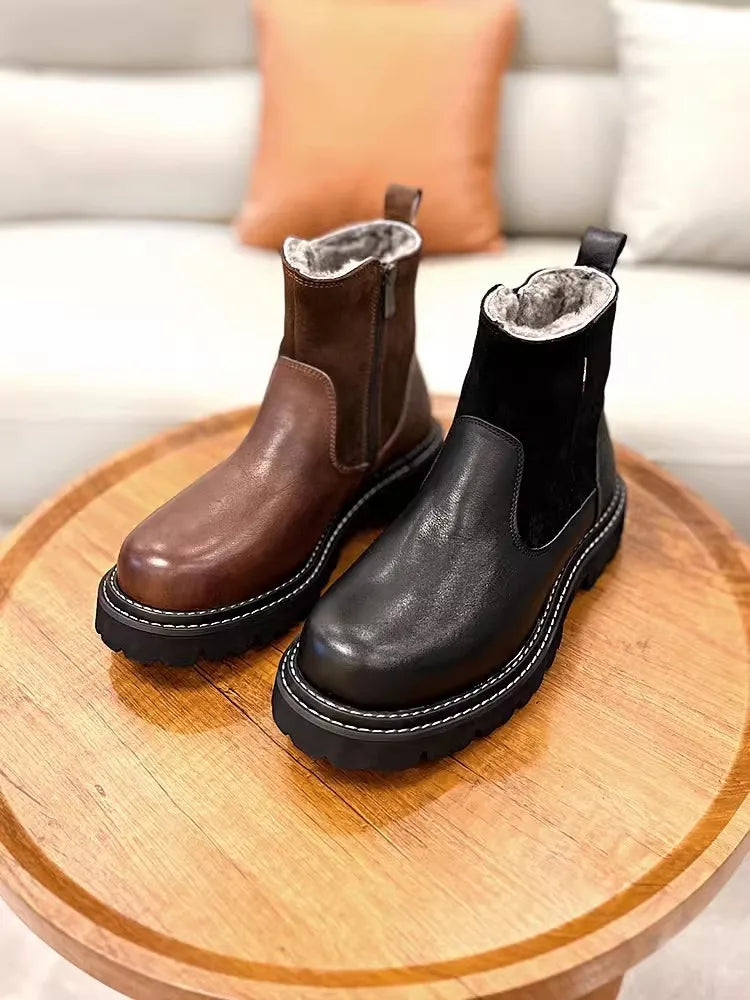 Men's Winter Genuine Leather Round Toe Warm Snowy Non-slip Zipper Boots