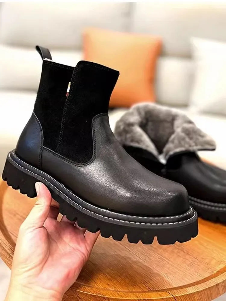 Men's Winter Genuine Leather Round Toe Warm Snowy Non-slip Zipper Boots