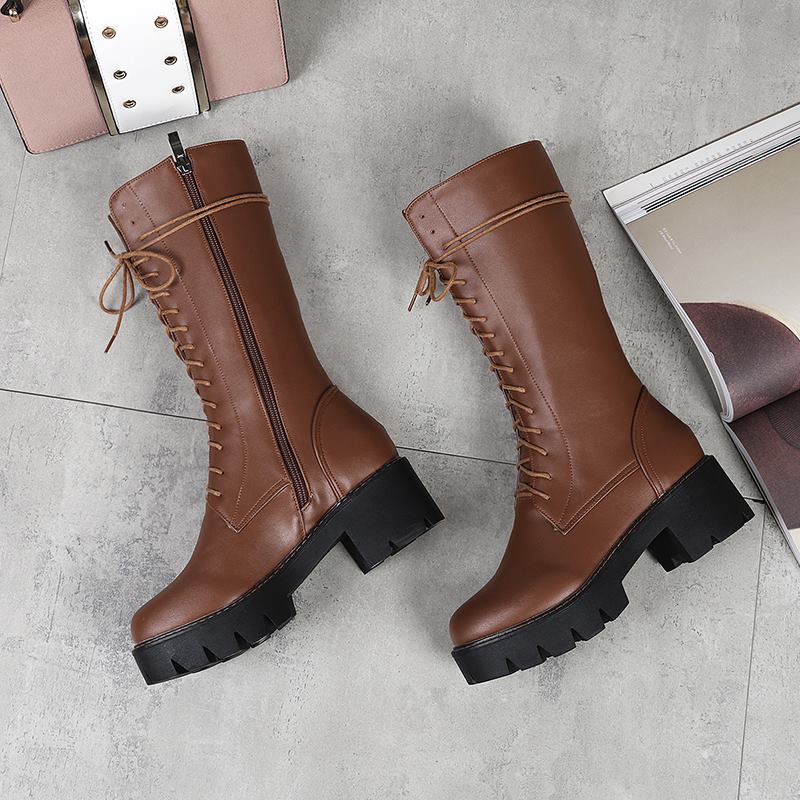 Mid calf boots lace up platform boots round toe autumn winter