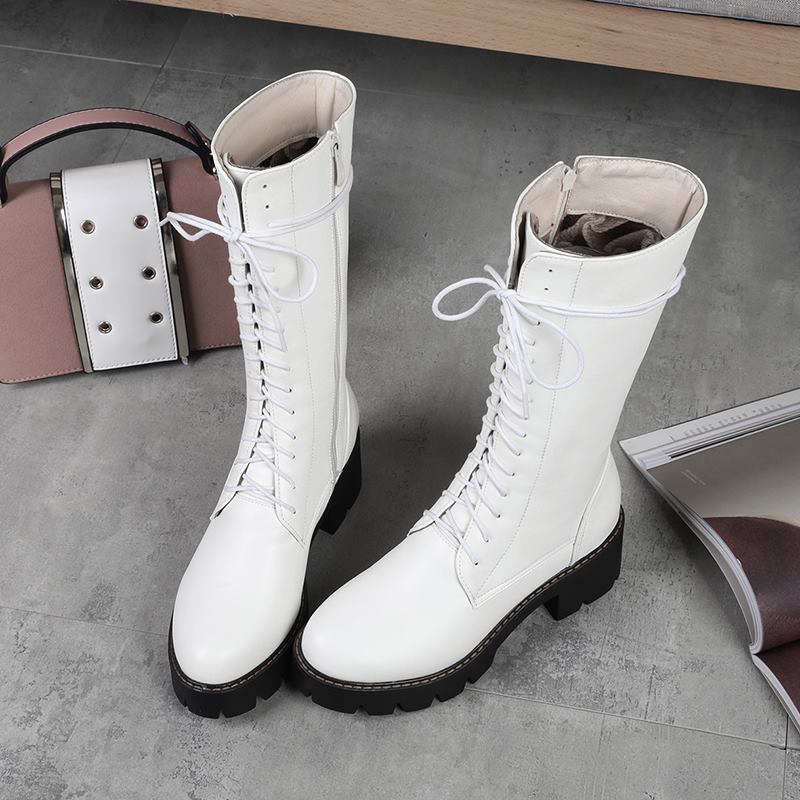 Mid calf boots lace up platform boots round toe autumn winter