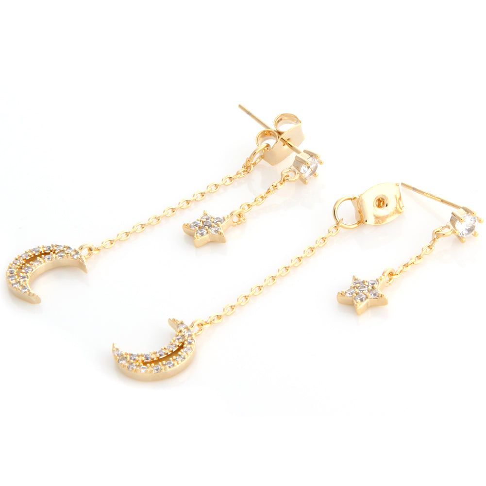 NO.1 Crescent Moon and Star Chain Drop Earrings