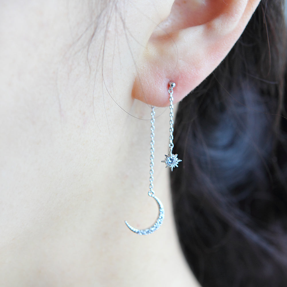 NO.1 Crescent Moon and Star Chain Drop Earrings