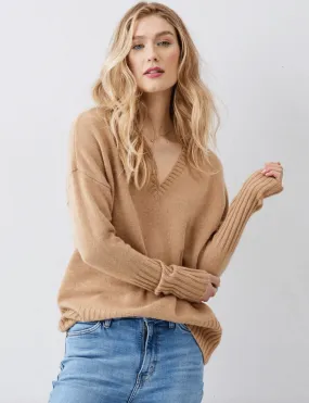 Not Monday Siena Cashmere V Neck Sweater in Camel