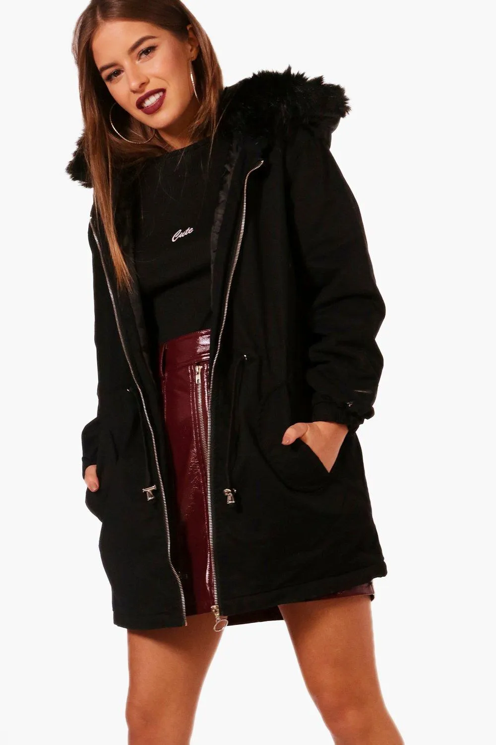 Petite Faux Fur Hood Parka Coat