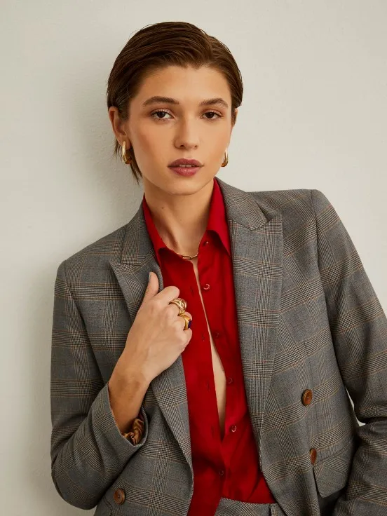 Plaid faux double-breasted blazer