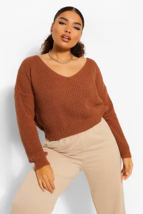 Plus V Neck Fisherman Cropped Sweater