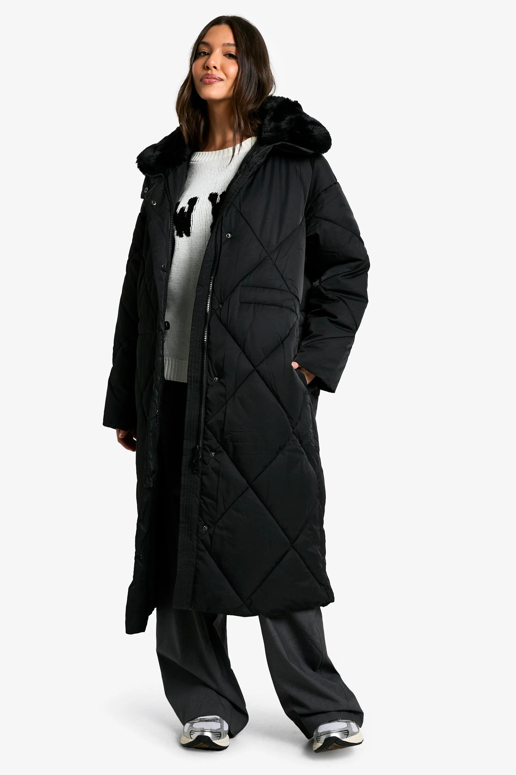 Premium Faux Fur Trim Quilted Maxi Parka